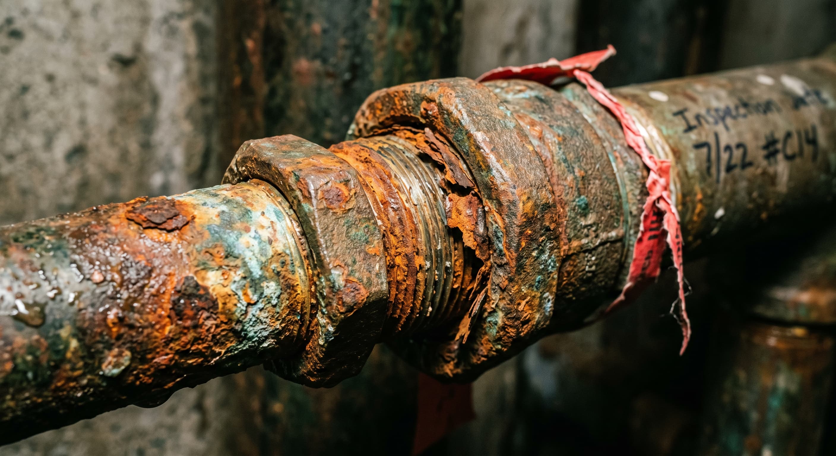 Corrosion and rust at a metal plumbing connection