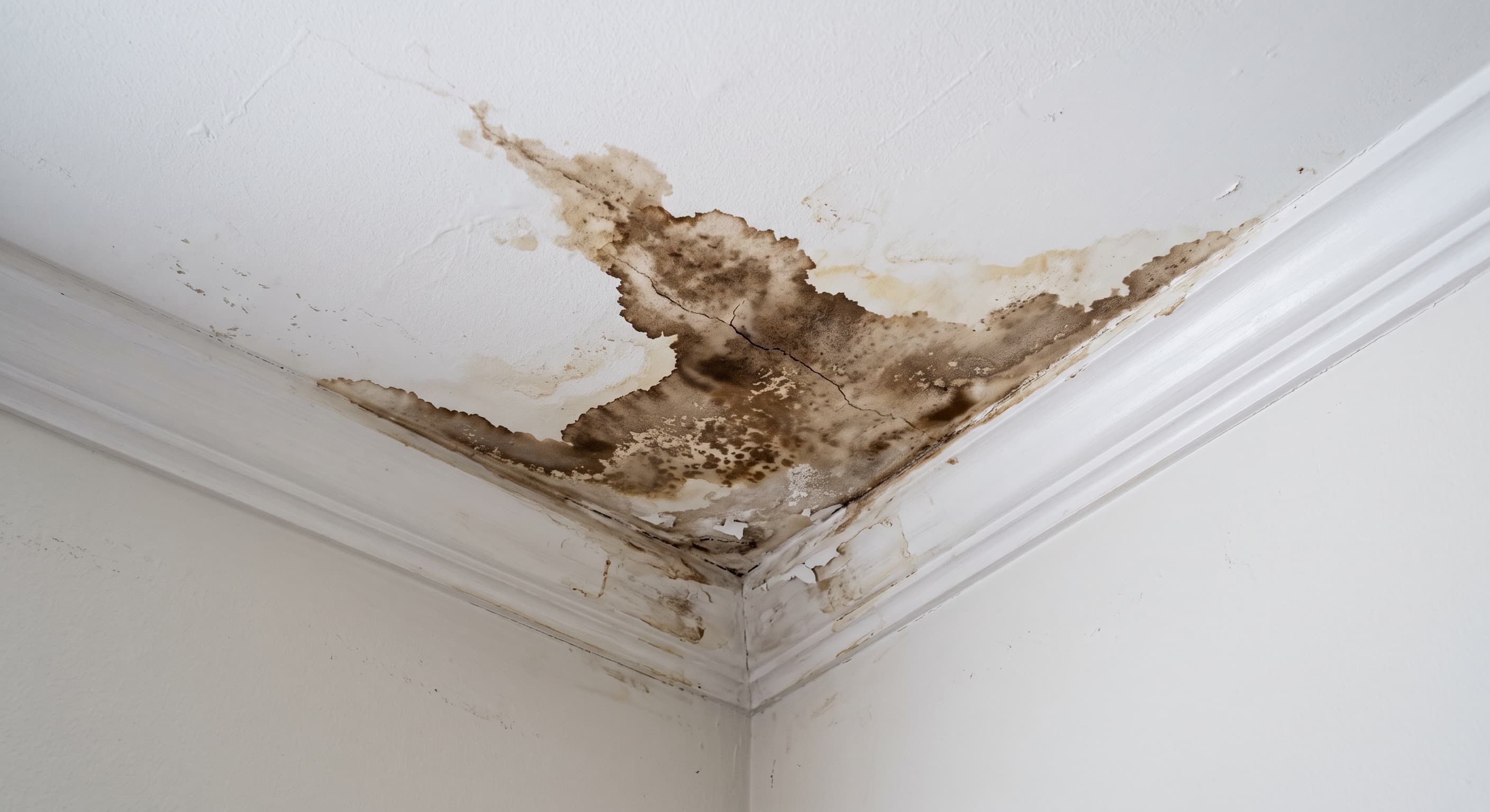 A moisture stain on an interior ceiling