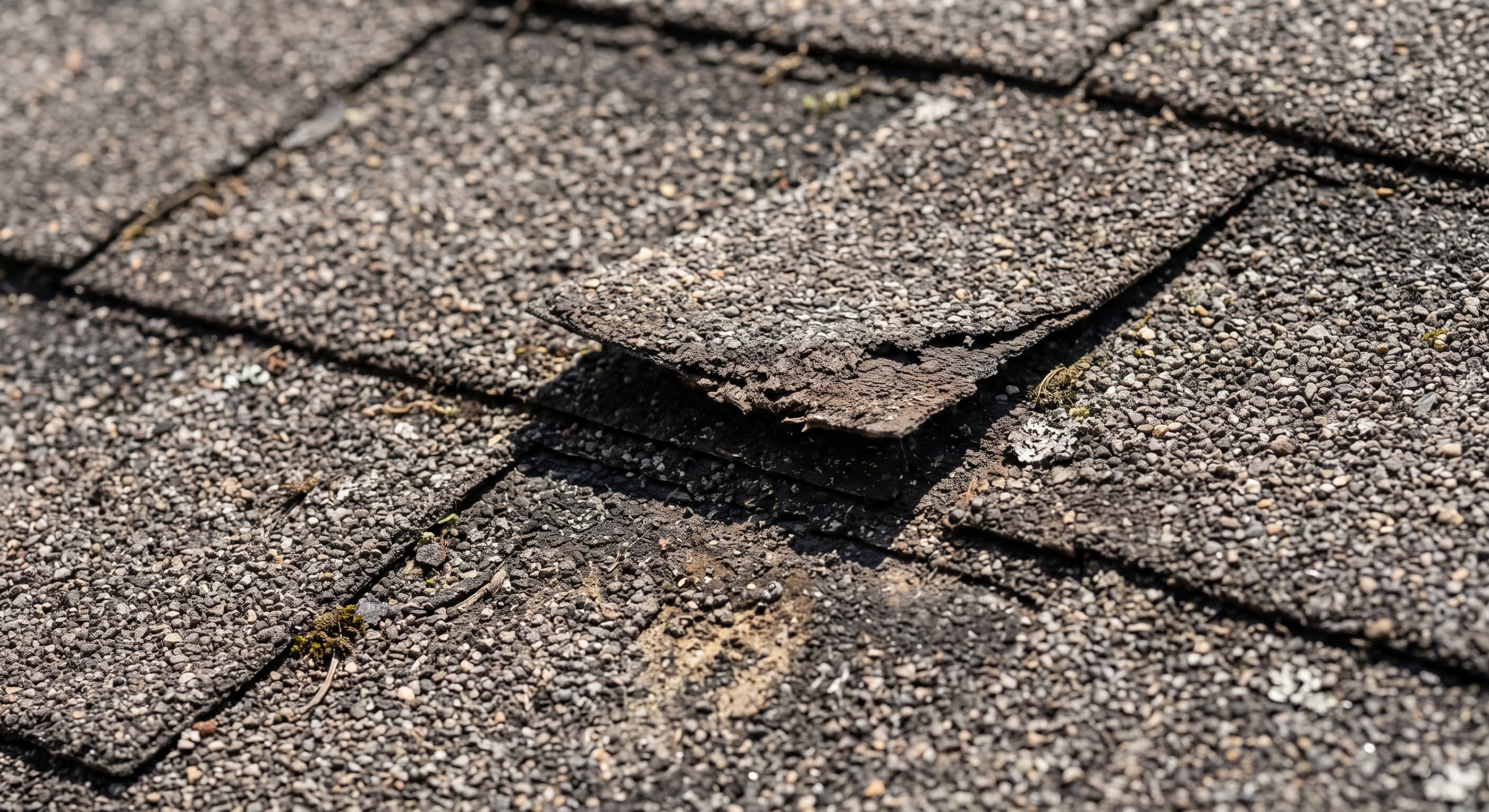 Worn asphalt roof shingles with granule loss and a lifted shingle
