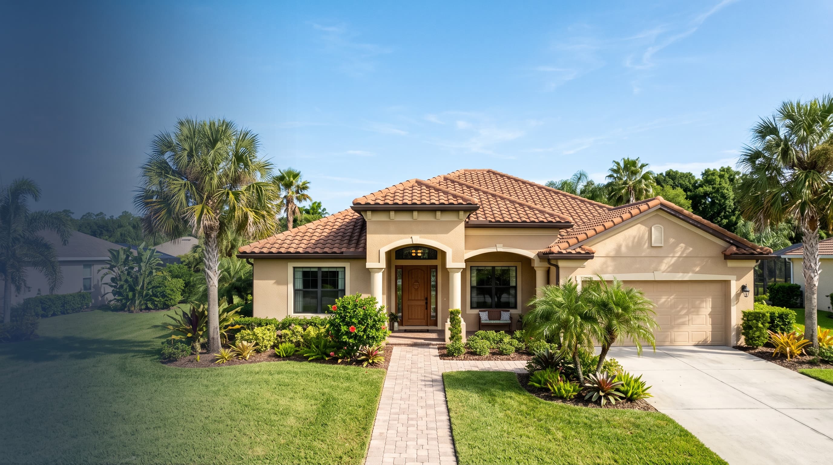 A Florida home exterior with a tile roof and tidy landscaping
