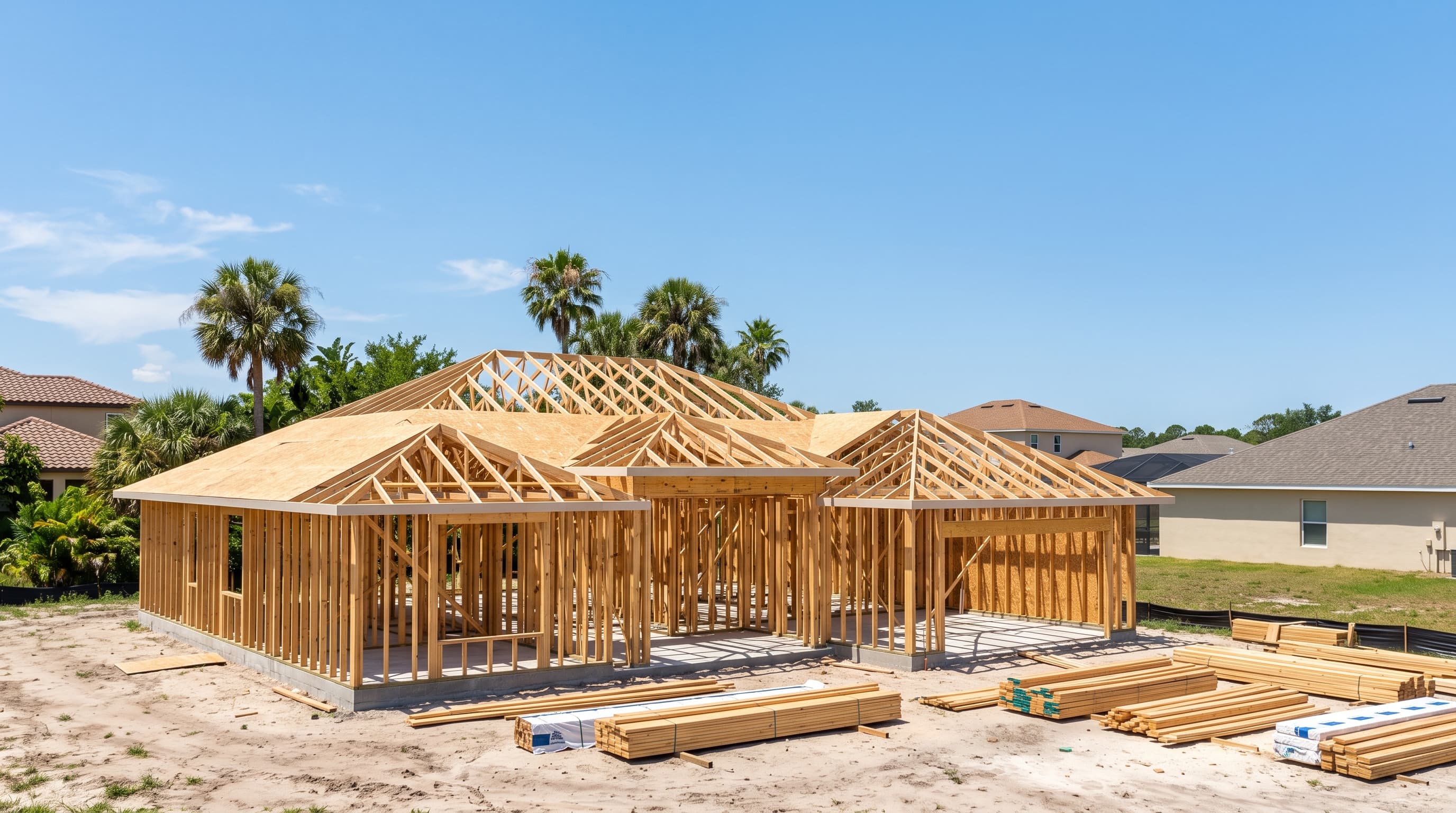 A Florida home under construction with exposed framing and roof trusses