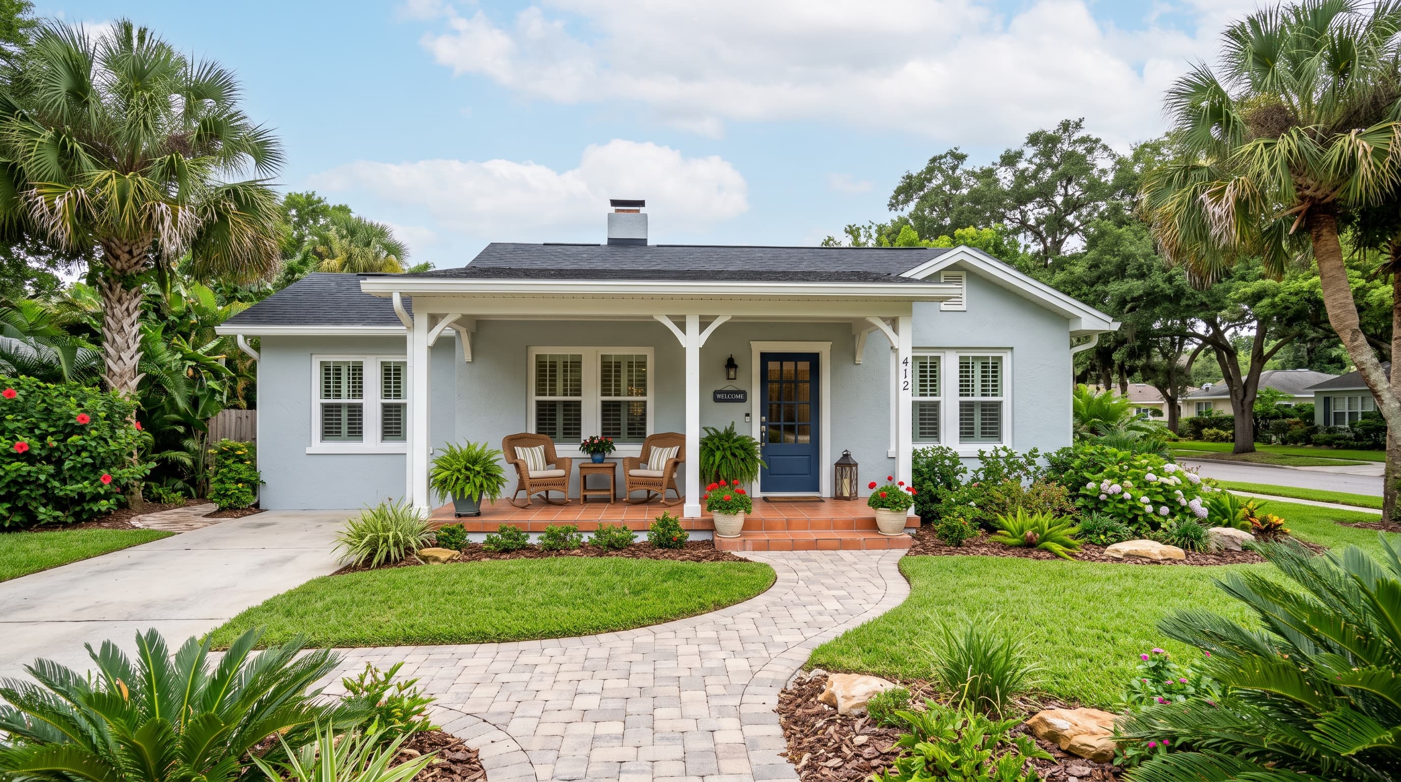 A charming, well-kept Florida bungalow with a welcoming front porch and lush landscaping