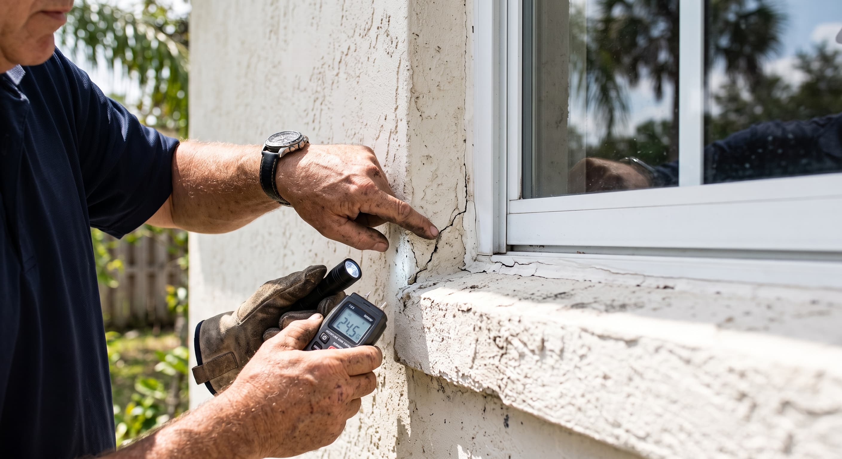 An inspector checking an exterior wall and window seal