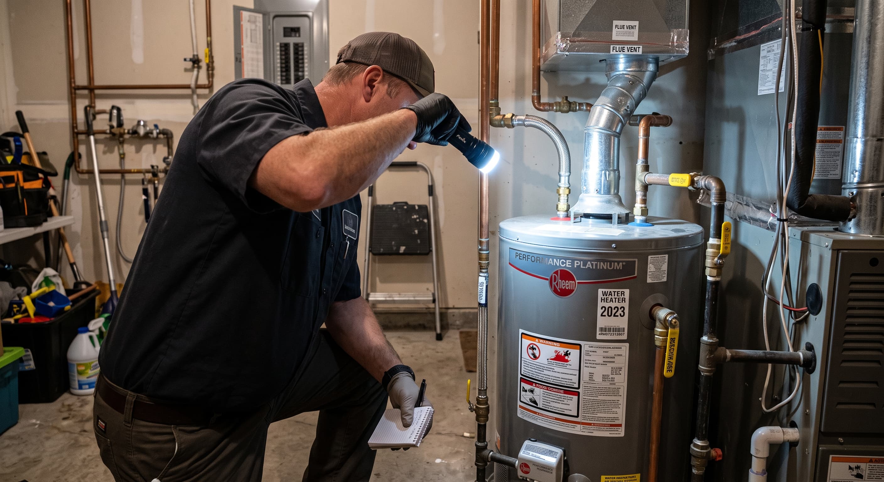 An inspector checking a water heater and plumbing connections